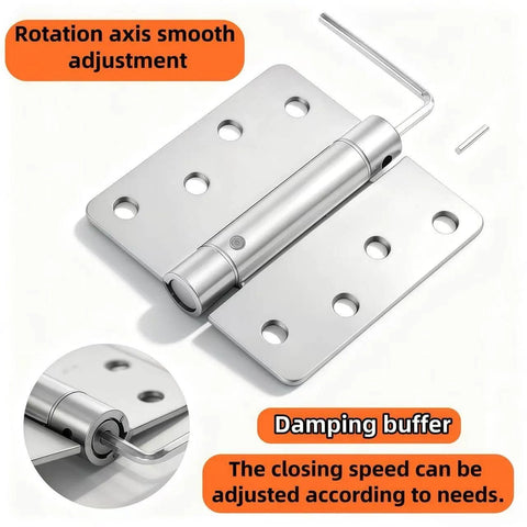 Two Pack Self Closing Door Hinges Four Inch Adjustable Heavy Duty Spring Hinges For Auto Close Doors Universal Fit For Commercial And Residential Use showing hinge with adjustment tool
