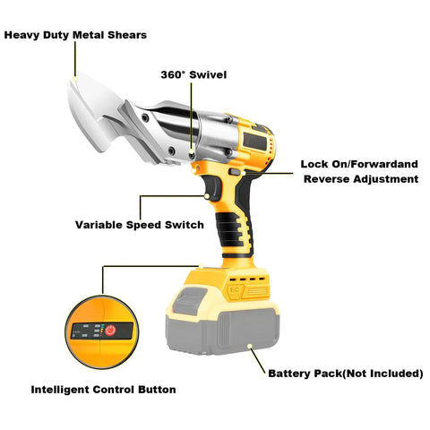 WeToolGoo Cordless Brushless Metal Shears For Dewalt 20V Max with 360° swivel, variable speed switch, and heavy-duty metal shears.