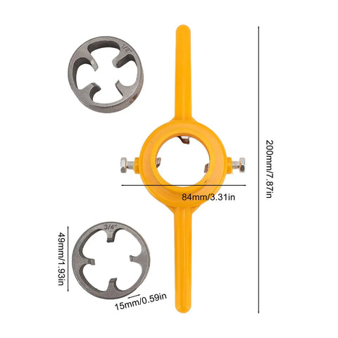 Mtlavishness Heavy Duty PVC Thread Maker Tool Kit NPT Tap Die Set 2 And 3 Inch Dies For Plastic Pipe Threading Repair And Plumbing Jobs With Stainless Steel Cutter And Tough Abs Housing, yellow holder with 2-inch and 3/4-inch dies