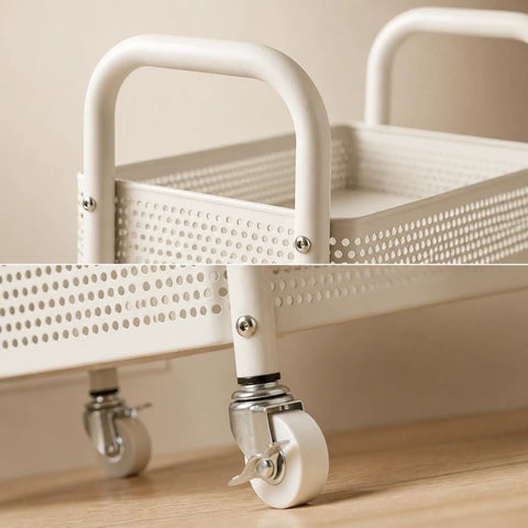 Close-up of Rock Solid Two Tier Rolling Storage Cart With No Sweat Mobility and Compact Perforated Metal Baskets white frame and wheels.