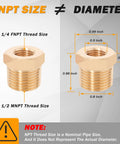 Brass DOT air brake line compression fitting, 1/4 FNPT and 1/2 MNPT threads, front and side views.