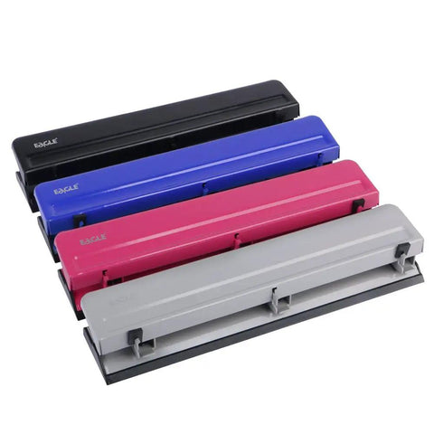 Four desktop 3-hole punchers in black, blue, deep pink, and gray. Heavy Duty Desktop 3 Hole Punch All Metal Paper Puncher With 12 Sheet Capacity.