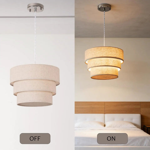 Three Tier Linen Drum Lampshade For E26 Ceiling Pendant Light Modern Hanging Lamp Fixture Beige Fabric Shade