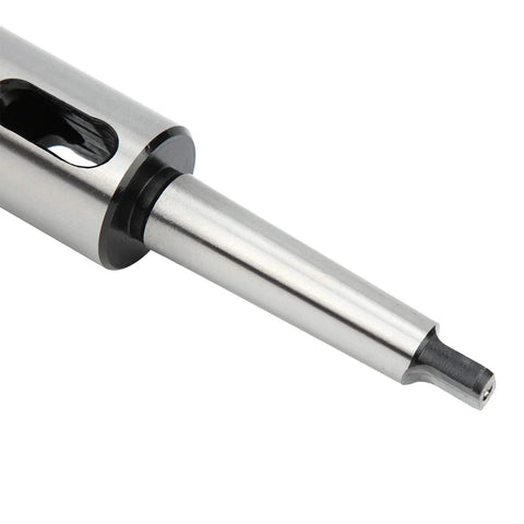 Side view of MT2 to MT3 Morse taper adapter drill sleeve in steel with silver finish
