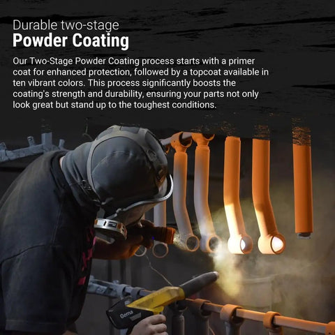 Technician applying two-stage powder coating on 4X4 Camp Series Control Arm components for Toyota 4Runner 03-24.
