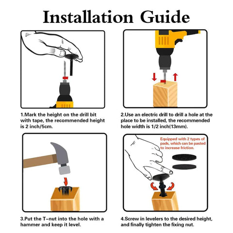 Installation guide for Set Of 4 M10 Screw In Adjustable Leveling Feet For Furniture Heavy Duty Self Levelers With T Nut 2 Inch Base Diameter.