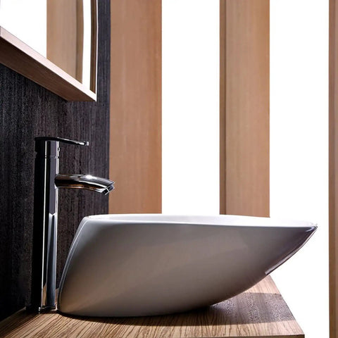 USZWBY Bathroom Vessel Sink Bathroom Vessel Sink Oval Above Counter White Porcelain Ceramic Bowl Basin, No Overflow Hole, Ceramic Sink Only Bathroom Sink, side view with faucet.