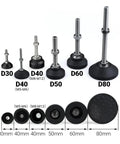 Solid As A Rock Heavy Duty Adjustable Furniture Levelers Stainless Steel Swivel Base Stabilizer Pads eight pack with varying sizes.