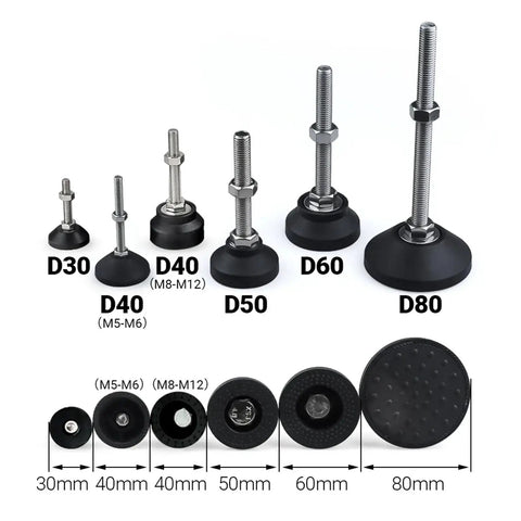 Built Tough Adjustable Leveling Feet For Lathes And Shop Gear 40mm sizes D30 to D80 with rubber bases and steel bolts.