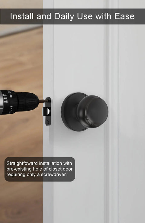 Drill installing Matte Black Passage Door Knobs Set For Hallways And Closets No Locking Interior Door Handles on closet