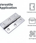 Close-up of a Six Pack 2.5 Inch Stainless Steel Butt Hinge for Bifold Doors Cabinets and Small Boxes with application icons.