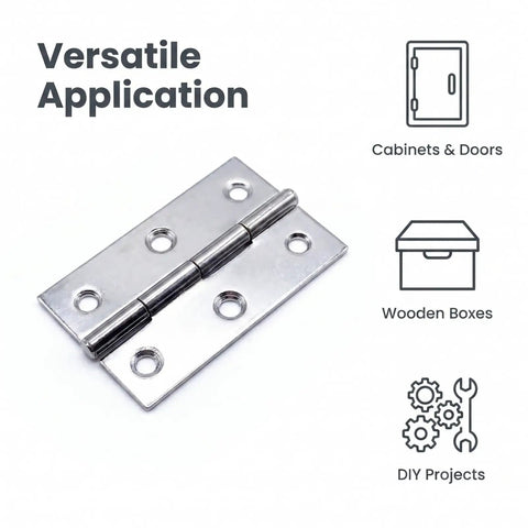 Close-up of a Six Pack 2.5 Inch Stainless Steel Butt Hinge for Bifold Doors Cabinets and Small Boxes with application icons.