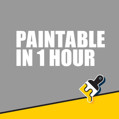 Graphic text 'Paintable in 1 Hour' for WeatherMaster Metal Roof Sealant 9.5 Oz Cartridges White 12 Pack Premium Elastomeric Polymer