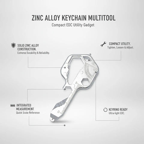 Zinc Alloy Multitool Keychain With Screwdriver Wrench And Bottle Opener For Everyday Carry Grab And Go Utility shown in silver finish