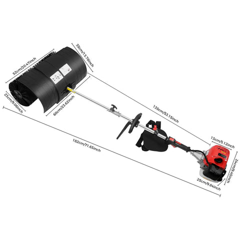 Tough 52cc Gas Powered Handheld Sweeper With Cushioned Grip And Widened 20 Inch Nylon Brush side view showing dimensions and details.