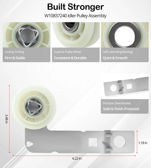 Beefed Up Dryer Repair Kit with W10837240 Idler Pulley showing dimensions and features