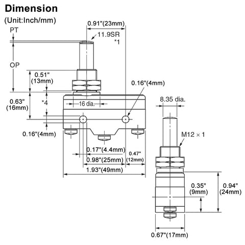 Technical dimensions of Micro Switch LZ15-GQ8-B 15A 250VAC SPDT Momentary Plunger Limit Switch Panel Mount with 1NO 1NC terminals.