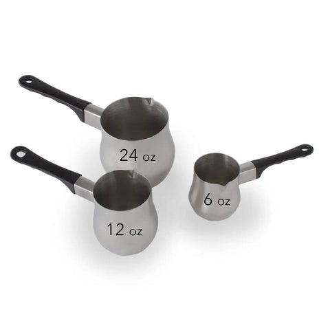 Stainless Steel Turkish Inspired Coffee Pot 24 Oz For Rich Smooth Turkish Coffee At Home Durable Kitchen Essential For Coffee Nerds And Lovers Classic Design Easy Pour Perfect For The Crew; shown with 12 oz and 6 oz pots.