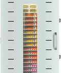 Top Shelf Stainless Steel Electric Food Dehydrator With Twenty Spacious Trays showing colorful trays filled with dried foods.