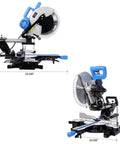 Heavy Duty Pro Grade Sliding Compound Miter Saw With Dead On Laser Guide 12 Inch 80 Tooth Blade 15 Amp Motor Dual Bevel Setup shown from the side.