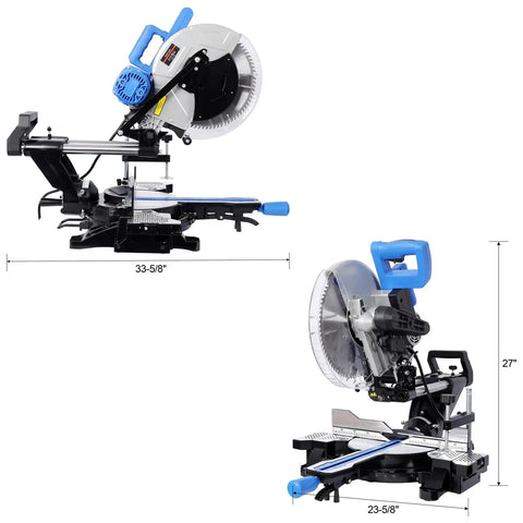 Heavy Duty Pro Grade Sliding Compound Miter Saw With Dead On Laser Guide 12 Inch 80 Tooth Blade 15 Amp Motor Dual Bevel Setup shown from the side.