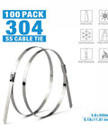 100 pack of 304 stainless cable ties with dimensions and resistance features displayed in the image.