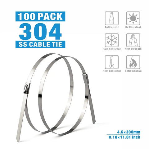 100 pack of 304 stainless cable ties with dimensions and resistance features displayed in the image.