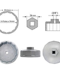 Diagram and views of Heavy Duty 74mm Oil Filter Wrench With 14 Flutes Fits Volkswagen Mercedes Audi Porsche Mazda Sprinter And More
