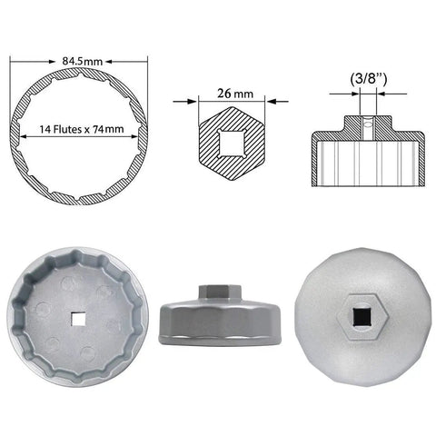 Diagram and views of Heavy Duty 74mm Oil Filter Wrench With 14 Flutes Fits Volkswagen Mercedes Audi Porsche Mazda Sprinter And More