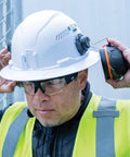 Worker wearing Ear Muffs With Full Brim Hard Hat Attachment For Construction And Manufacturing Pros On The Jobsite, 26 Decibels NRR