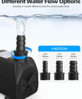 Black 400GPH submersible water pump with three nozzle sizes (3/8, 1/2, 5/8) for ponds and aquariums.
