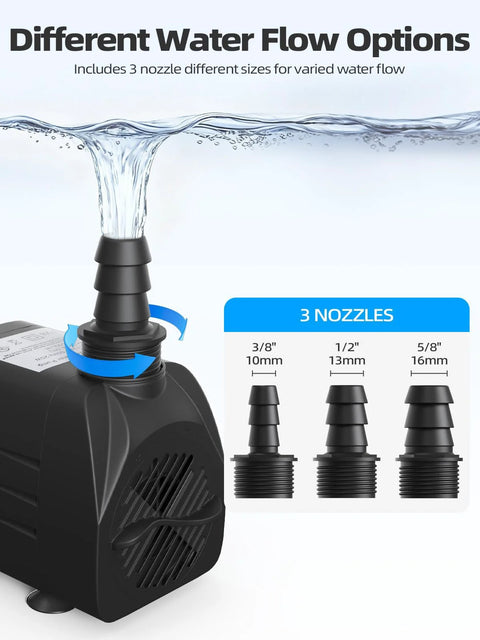 Black 400GPH submersible water pump with three nozzle sizes (3/8, 1/2, 5/8) for ponds and aquariums.