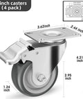 3 Inch Heavy Duty Industrial Grade Caster Wheels Set Of 4 With Locking Swivel Brakes Top Plate Non Marking Grey TPR Rubber Castors