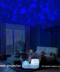 Ocean Night Light Projector For Kids With Galaxy Nebula Visuals, illuminating blue ocean waves on bedroom ceiling, USB powered