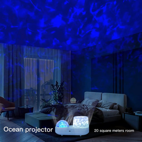 Ocean Night Light Projector For Kids With Galaxy Nebula Visuals, illuminating blue ocean waves on bedroom ceiling, USB powered