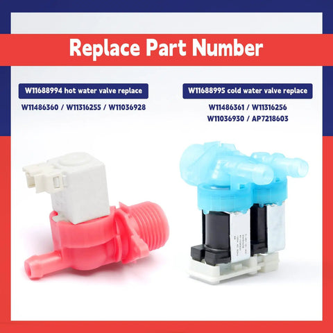 Solid Washer Cold And Hot Water Inlet Valve Set No Sweat Drop In Fit For Whirlpool Appliances Replaces W11688994 W11688995 close-up of pink and blue water inlet valves