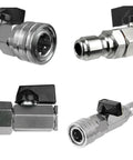 High pressure washer ball valve kit with 1/4 in NPT quick connector, chrome fittings; four views.