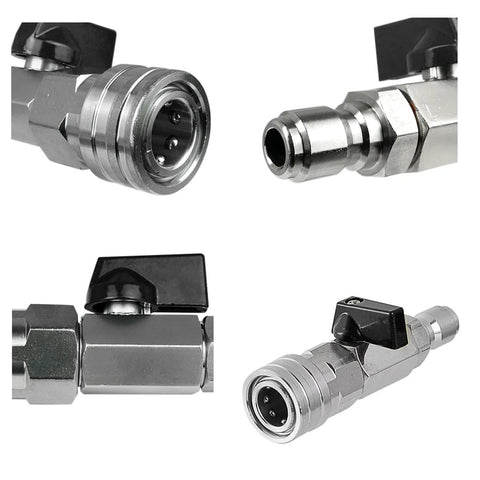High pressure washer ball valve kit with 1/4 in NPT quick connector, chrome fittings; four views.