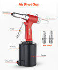 Pneumatic Rivet Gun Kit With Four Nosepieces 3/32 Inch 1/8 Inch 5/32 Inch And 3/16 Inch For Flexible Riveting In Metal Fabrication Automotive And Construction Projects Built For Real World Jobs Lightweight Durable And Easy To Use, red air rivet gun with black cylinder and air inlet