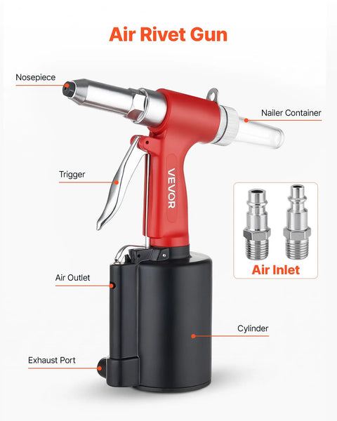 Pneumatic Rivet Gun Kit With Four Nosepieces 3/32 Inch 1/8 Inch 5/32 Inch And 3/16 Inch For Flexible Riveting In Metal Fabrication Automotive And Construction Projects Built For Real World Jobs Lightweight Durable And Easy To Use, red air rivet gun with black cylinder and air inlet