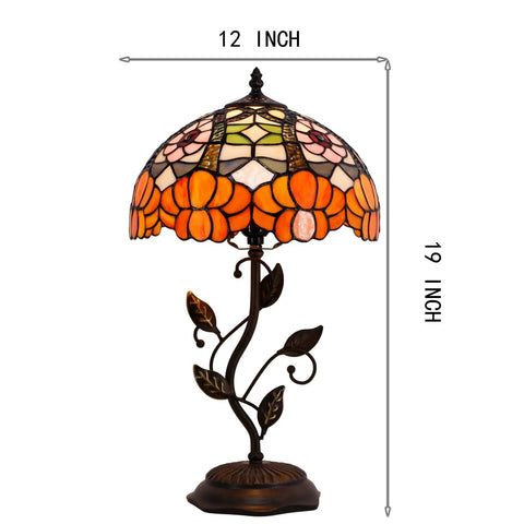 Orange Flower Tiffany Style Stained Glass Table Lamp With Bronze Metal Leaf Base 12 Inch Lampshade 19 Inch Overall Totally Lit