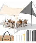 Big Camping Tarp Canopy With Poles 14.8 By 9.8 Feet Waterproof Tent Shelter for 6 to 8 People setup with chairs and table