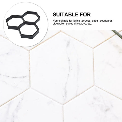Hexagonal Concrete Molds For Pavers And Stepping Stones Reusable Flexible Walkway Molds For Patio Garden And Lawn, shown on surface.