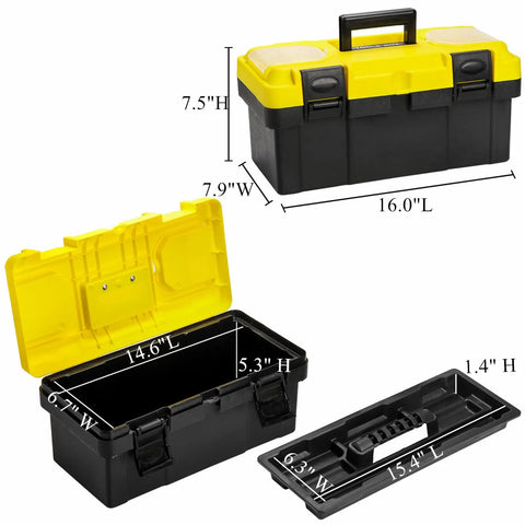 16 Inch Plastic Toolbox With Handle Portable Toolbox With Removable Tray And Lockable Design Built Tough For Home Workshop Or Garage With Small Parts Box In Black And Yellow