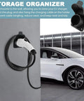 Premium Wall Mount EV Charger Holder Built For SAE J1772 AC Charging Cable Setup securely mounted on wall with plugged cable.