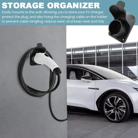 Premium Wall Mount EV Charger Holder Built For SAE J1772 AC Charging Cable Setup securely mounted on wall with plugged cable.