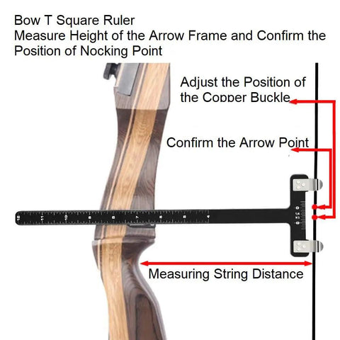 Archery Bow String Nocking Points Kit with T Square Ruler measuring bowstring height on a recurve bow.