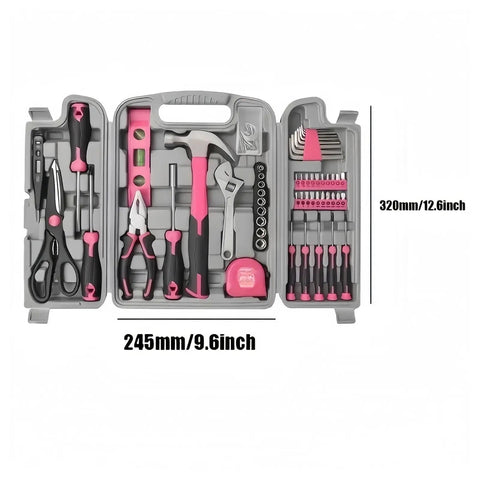 54 Piece Pink Tool Kit For Women Newbies DIY Home Repair Tools Set In Portable Toolbox Case open showing tools