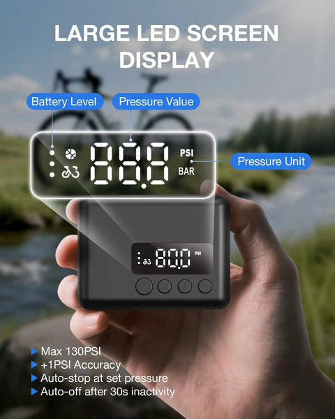 Pocket Size Electric Bike Pump With Auto Stop 130 Psi Portable Mini Tire Inflator Gauge For Presta And Schrader Valves Great For Road Mountain And E Bikes Fast Inflation On The Go