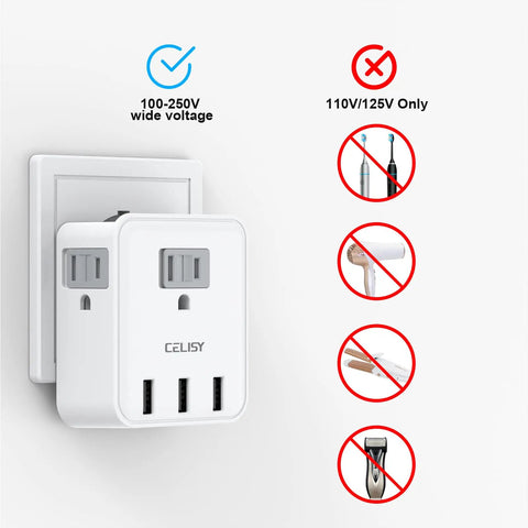 Six In One European Travel Plug Adapter With Three US Outlets And Three USB Ports Type C Converter shown plugged in